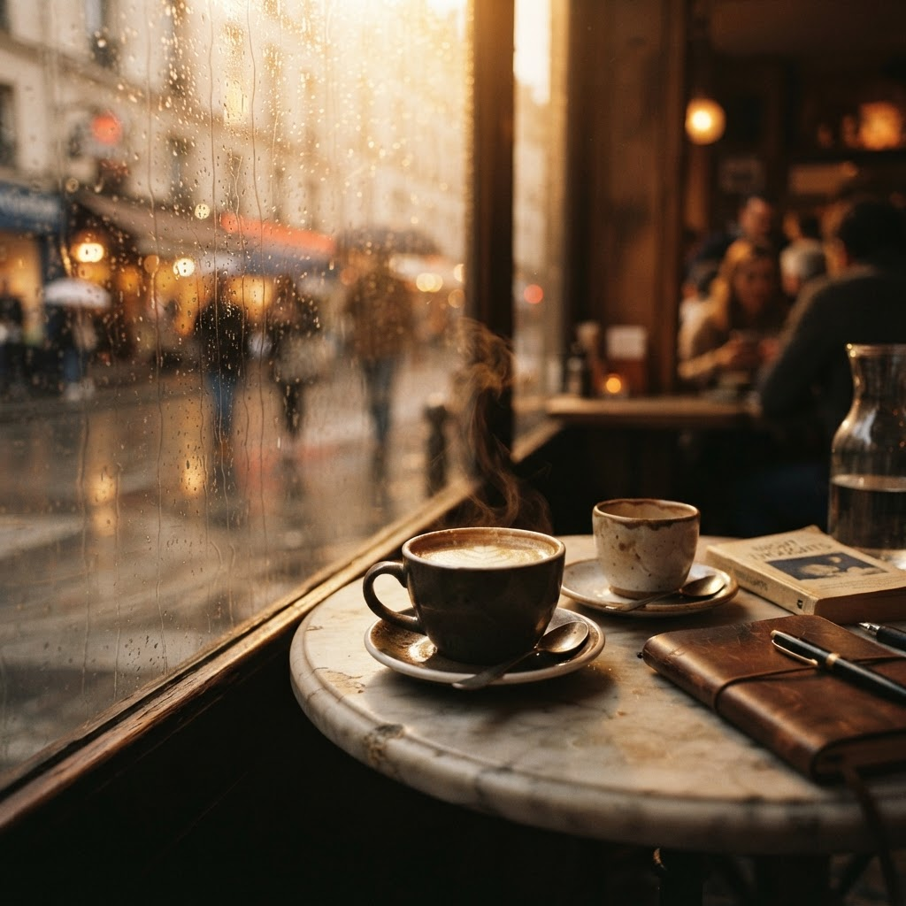 Two coffees on a small marble table by a rain-streaked window in warm light