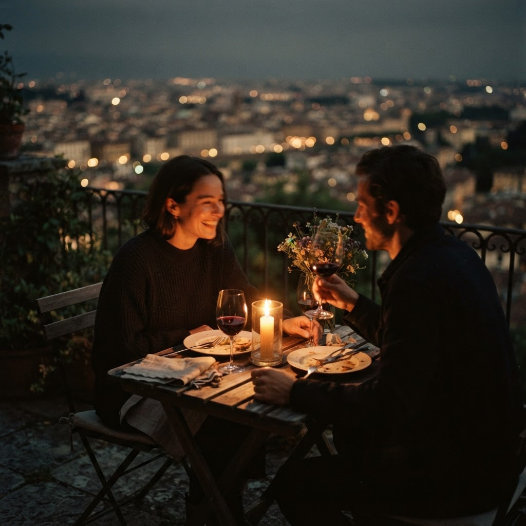A candlelit dinner table on a terrace with warm city lights behind