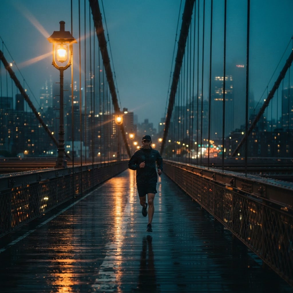 A runner crossing a city bridge at blue hour under amber street lamps